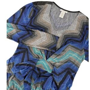 Cache Womens Blue Chevron Faux Wrap Dress Long‎ Sleeve V-Neck Geometric Midi M